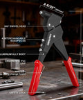 All In One 360 Degree Swivel Head Pop Rivet Gun Kit With 120 Blind Rivets Heavy Duty Hand Rivet Tool on workbench with text labels