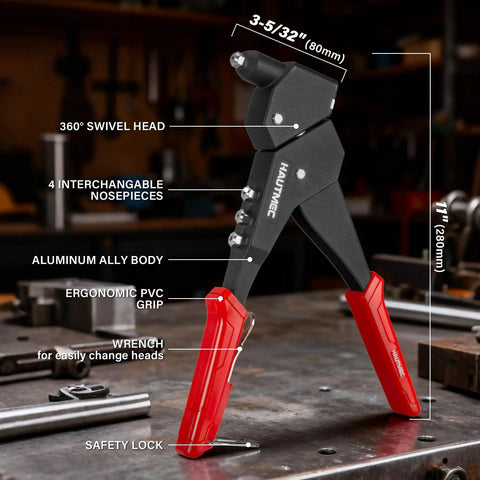 All In One 360 Degree Swivel Head Pop Rivet Gun Kit With 120 Blind Rivets Heavy Duty Hand Rivet Tool on workbench with text labels
