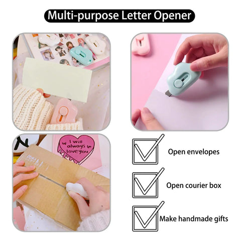 9 Pack Retractable Box Cutter Set With Mini Letter Opener and Cute Cloud Charm in use on envelopes and boxes