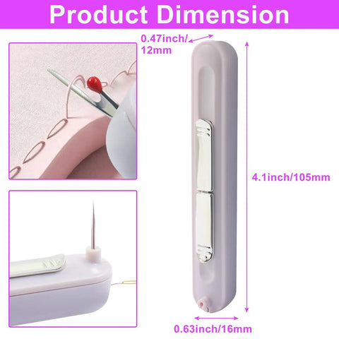 Product dimensions and details of 2 Pack 2 in 1 Automatic Needle Threaders and Seam Ripper Set in Purple.