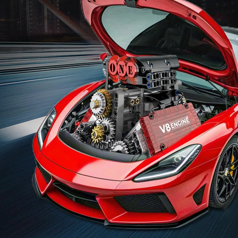 Mini V8 Engine Kit That Really Runs With Battery And Motor, Build Your Own 8 Cylinder STEM Engine Model, Realistic Pistons, Crankshaft, Belts, Fans, And Moving Parts, 478 Plus Pieces For Adults And Makers mounted in red car
