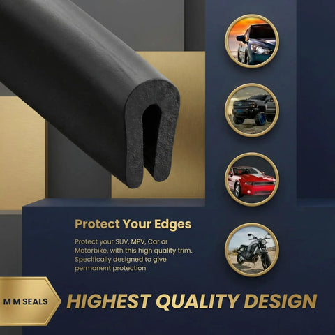 Durable Rubber Edge Trim U Channel Edge Protector details with car images, highlighting weather resistant door seal strip guard