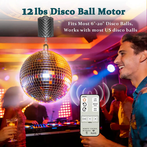 Disco Ball Motor With Remote For 6 To 20 Inch Mirror Balls, 12 Lbs Capacity in a vibrant party setting