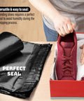 Durable Black 14.5x19 Inch Poly Mailers, 100 Pack, Waterproof Self Sealing Shipping Bags shown beside red sneakers in a box