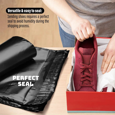Durable Black 14.5x19 Inch Poly Mailers, 100 Pack, Waterproof Self Sealing Shipping Bags shown beside red sneakers in a box