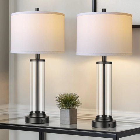 Touch Control Table Lamps Set Of 2 With USB Ports And 3 Way Dimmable Bedside Lighting For Living Room And Bedroom Modern Black Nightstand Lamps With 2 LED Bulbs on table