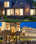 Buildings illuminated at night with 108W RGB Wall Washer Outdoor Spotlight With Remote Dope Color Changing Stage Lights