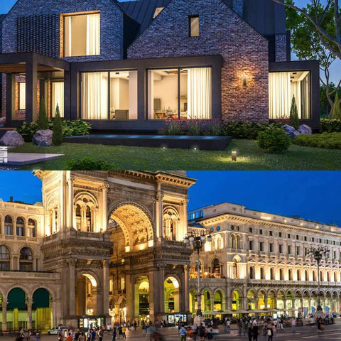 Buildings illuminated at night with 108W RGB Wall Washer Outdoor Spotlight With Remote Dope Color Changing Stage Lights