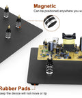 DIY Friendly Pro Grade Heavy Duty Soldering Stand With 360 Degree Rotating Clamp showing magnetic base and rubber pads with a circuit board.