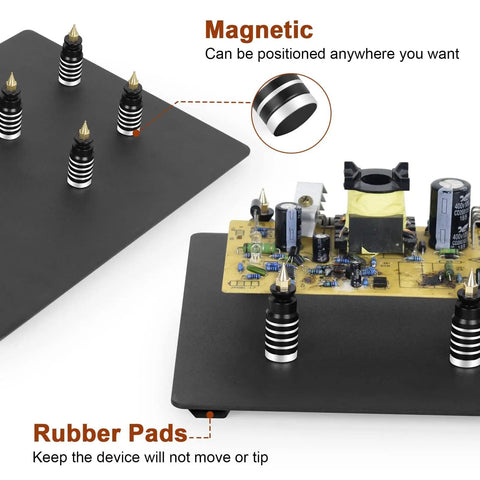 DIY Friendly Pro Grade Heavy Duty Soldering Stand With 360 Degree Rotating Clamp showing magnetic base and rubber pads with a circuit board.