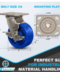 Built To Last 5X2 In Stainless Steel Casters With Polyurethane Wheels showing a 5 inch blue wheel with a mounting plate.
