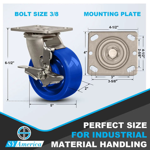 Built To Last 5X2 In Stainless Steel Casters With Polyurethane Wheels showing a 5 inch blue wheel with a mounting plate.
