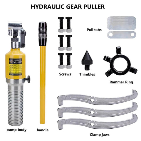 Badass Heavy Duty Hydraulic Gear Puller And 50 Ton Bearing Hub Separator With 19.6 Inch Jaws components, including pump, handle, screws, and clamp jaws.