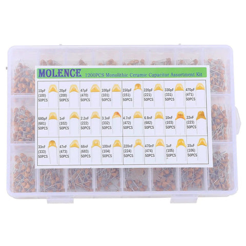Image of 1200Pcs 24 Value Multilayer Ceramic Capacitor Kit with Storage Box showing organized capacitors from 10pF to 10uF