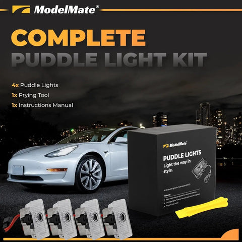 Tesla Logo Puddle Lights For Car Doors 4 Pack with HD LED Projection box and tools in front of parked white Tesla