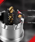 Close-up of Heavy Duty Tungsten Carbide Tipped Hole Saw Set 2 Pack 35 Millimeter, showing the inside, center, and outer edges.