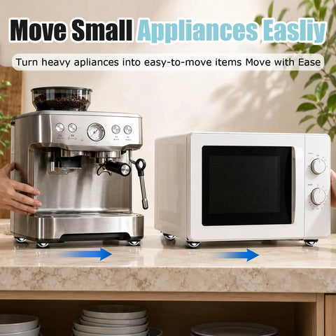One Inch Self Adhesive Caster Wheels Four Pack Smooth Appliance Sliders near coffee maker and microwave on countertop
