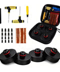 Tesla jack pads four-pack with waterproof black rubber pucks and red rims in a zip storage case with repair tools.