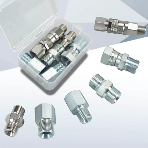 Six Piece Pro Grade Sprayer Joint Set For Airless Paint Sprayers With Spray Gun Swivel Joint And Paint Hose Connectors That Include Quarter Inch And Three Eighth Inch Fittings In Multiple Sizes For Fast Flexible Attachments, six metal fittings in case