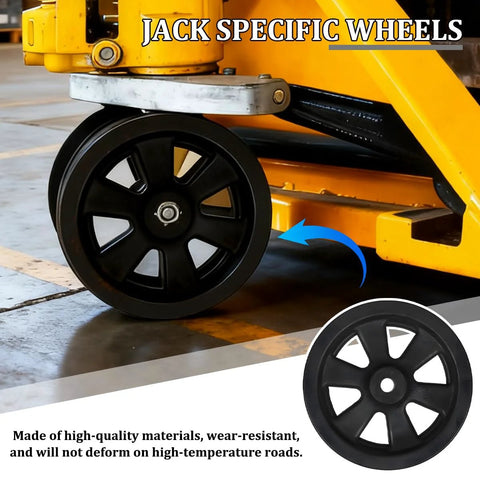 Sandfren 8-inch trailer jack caster wheel, front view, black plastic with metal hub and bolt nut.