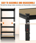 Beefy Heavy Duty Metal Garage Shelves 5-Tier Storage Rack With 2000 Lb Capacity, Adjustable Kitchen Pantry Basement Organizer, Black Steel Shelving Unit For Tools And Cans, Durable Built In Ribs, 59 In H By 28 In W By 12 In D bolt-free assembly detail