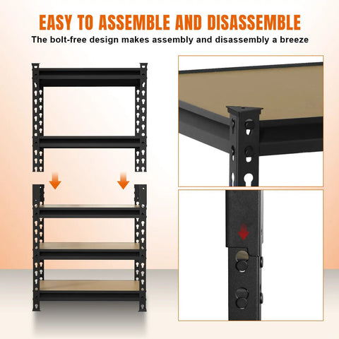 Beefy Heavy Duty Metal Garage Shelves 5-Tier Storage Rack With 2000 Lb Capacity, Adjustable Kitchen Pantry Basement Organizer, Black Steel Shelving Unit For Tools And Cans, Durable Built In Ribs, 59 In H By 28 In W By 12 In D bolt-free assembly detail