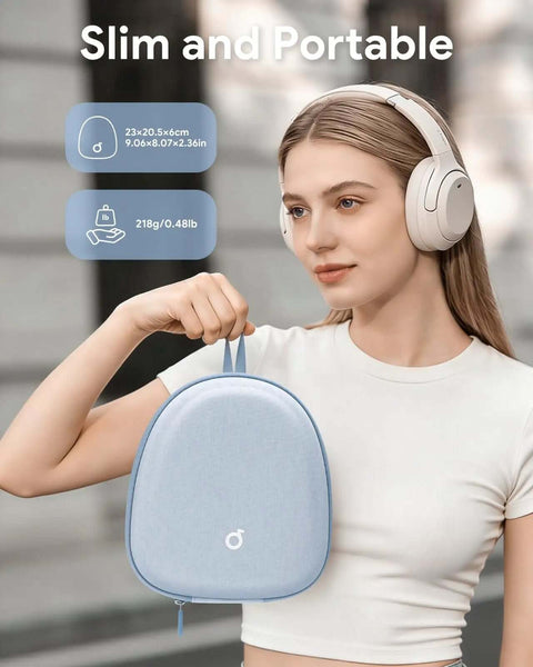 Top Tier Hard Shell Protective Carrying Case For Over Ear Headphones shown being held, slim blue EVA design with handles.