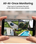 Mobile phone displaying four camera views from Outdoor Wireless Security Camera Kit, 4 Camera System, No Monthly Fees, Solar Powered.