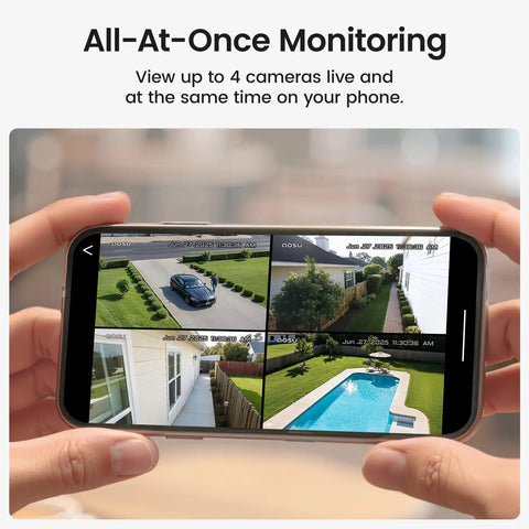 Mobile phone displaying four camera views from Outdoor Wireless Security Camera Kit, 4 Camera System, No Monthly Fees, Solar Powered.