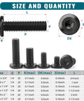 No Sweat Top Shelf 61 Piece 1/4-20 Full Thread Hex Socket Cap Screw Assortment Kit With 304 Stainless Steel Black Oxide Finish And Included Wrench For Quick Repairs size chart with dimensions and quantities