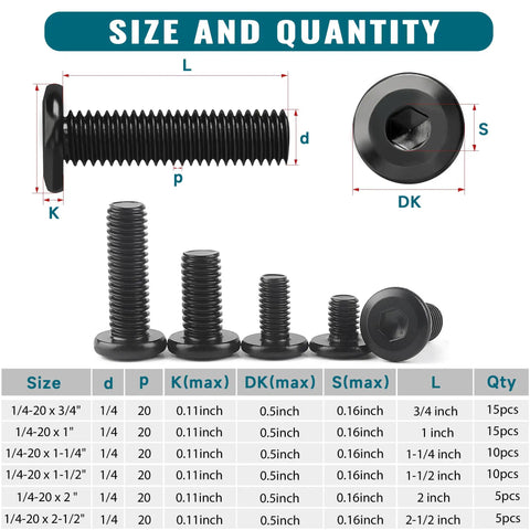 No Sweat Top Shelf 61 Piece 1/4-20 Full Thread Hex Socket Cap Screw Assortment Kit With 304 Stainless Steel Black Oxide Finish And Included Wrench For Quick Repairs size chart with dimensions and quantities