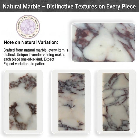 Natural marble patterns with lavender veining showcasing unique textures for Marble Wall Sconce with Frosted Glass Globe and G4 LED (Rectangular).