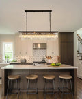 Rectangular Crystal Chandelier Black Modern Luxury With Six Lights Ceiling Fixture For Living Room Dining Room And Farmhouse 32 Inch Long K9 Crystal Cut Glass Wow Worthy Lighting For Elegant Homes above kitchen island