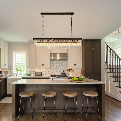 Rectangular Crystal Chandelier Black Modern Luxury With Six Lights Ceiling Fixture For Living Room Dining Room And Farmhouse 32 Inch Long K9 Crystal Cut Glass Wow Worthy Lighting For Elegant Homes above kitchen island