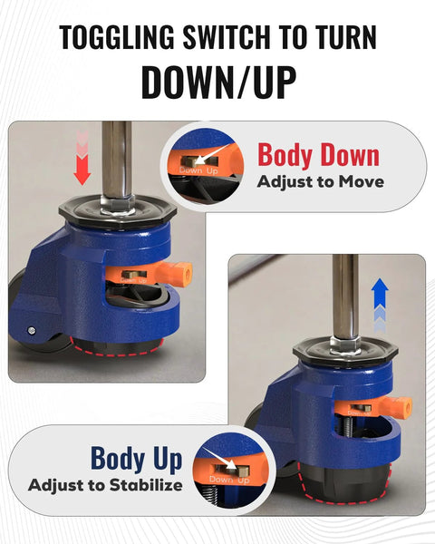 Heavy Duty Leveling Casters Set Of 4 With Retractable Wheels And Ratchet Handle One Half Inch And M12 Stem Sizes Total Capacity 660 Lbs Adjustable Height For Workbenches Cabinets Machines, close-up view showing toggle switch for mobility control.