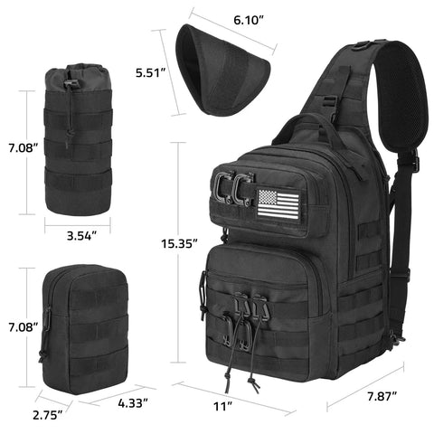 Tactical Sling Bag For Men Detachable Water Bottle Holder MOLLE Backpack With Hidden Pocket EDC Day Pack, black, dimensions shown