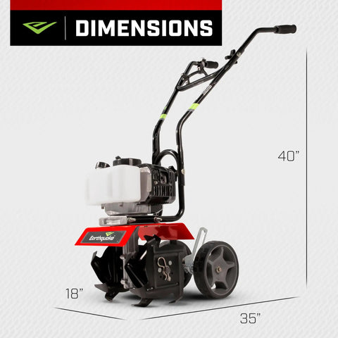 Mini Tiller Cultivator With 33cc 2 Cycle Viper Engine, red, gear drive, height adjustable wheels, shown with dimensions