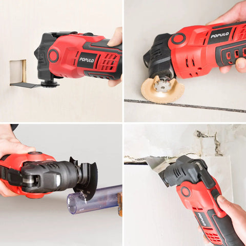 Cordless Oscillating Tool Kit 20V with 27-Piece Accessories cutting wood, tiles, and pipes, showcasing 4.5 degree swing in action.