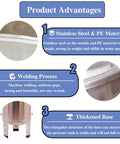 Product advantages of Heavy Hitter Stainless Steel Water Storage Tank 105 Gallon, including welding and base support details.