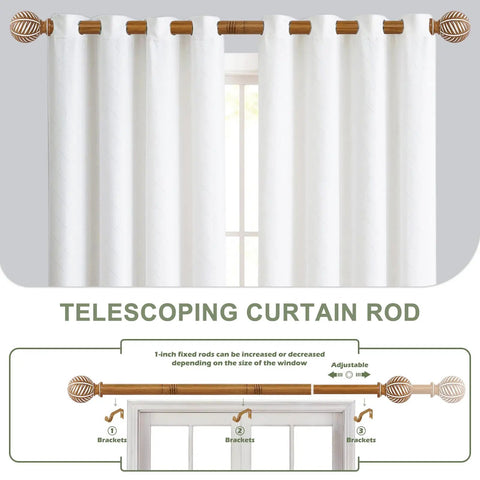 Wood Boho Curtain Rods For Windows With Heavy Duty Adjustable Rustic Finish Farmhouse Style Drapery Rods For Bedroom And Living Room Easy Install Imitation Wood Grain Finials Brown 36 To 88 Inches with telescoping feature and decorative brackets.