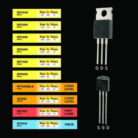 MOSFET Transistor Kit With 70 Piece All In One Assortment Including NMOS And PMOS Logic Level High Current Devices Features