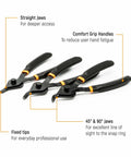 12 Piece Snap Ring Pliers Set With Straight, 45 Degree And 90 Degree Jaws For Deep Access, showcasing ergonomic handles and fixed tips.