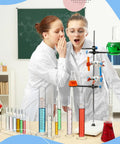 Two students in lab coats with Six Piece Glass Graduated Cylinder Set With Rack 5Ml To 250Ml Clear Lab Tubes For Chemistry Projects