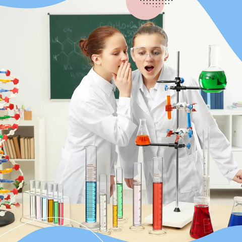 Two students in lab coats with Six Piece Glass Graduated Cylinder Set With Rack 5Ml To 250Ml Clear Lab Tubes For Chemistry Projects