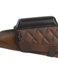 Cheek Rest Pad With 14 Round.22LR Shell Holder for Rifle Stock PU leather riser shown on rifle, brown color, side view.
