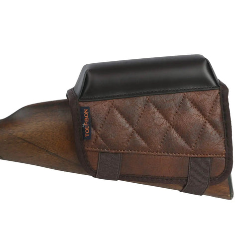 Cheek Rest Pad With 14 Round.22LR Shell Holder for Rifle Stock PU leather riser shown on rifle, brown color, side view.