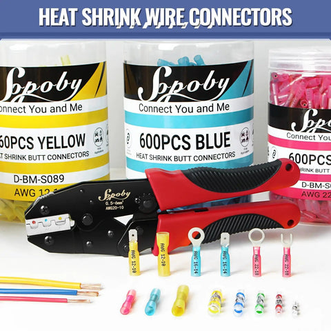 340Pcs Heat Shrink Butt Connectors Kit Marine Grade Electrical Wire Connectors Waterproof Tinned Red Copper Insulated Terminals Butt Splice For Cable Boat Wiring displayed with crimping tool and multicolored insulated terminals.