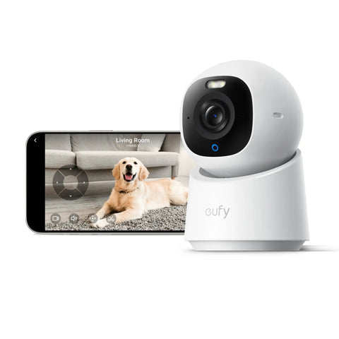 4K Indoor Security Camera With AI Auto Tracking And Night Vision For Baby And Pet Monitoring next to smartphone showing live feed
