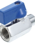 Solid As A Rock 1/4 Inch Npt Brass Mini Ball Valve Female To Male Shutoff showing blue handle and brass body.