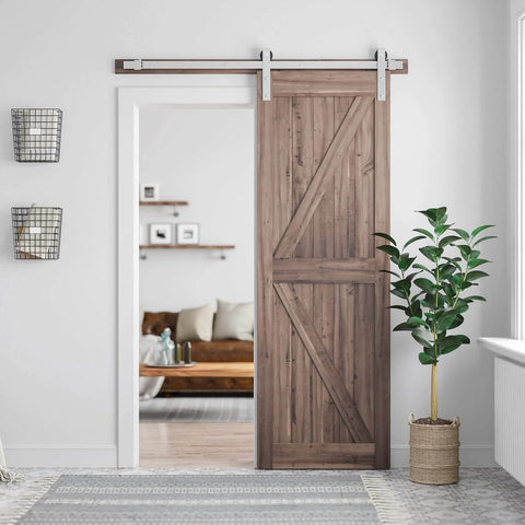 Brushed Nickel Barn Door Hardware Kit With Heavy Duty Sliding Track And Quiet Glide For 30 Inch Wide Door, 5 Feet Rail, J Shape Hanger